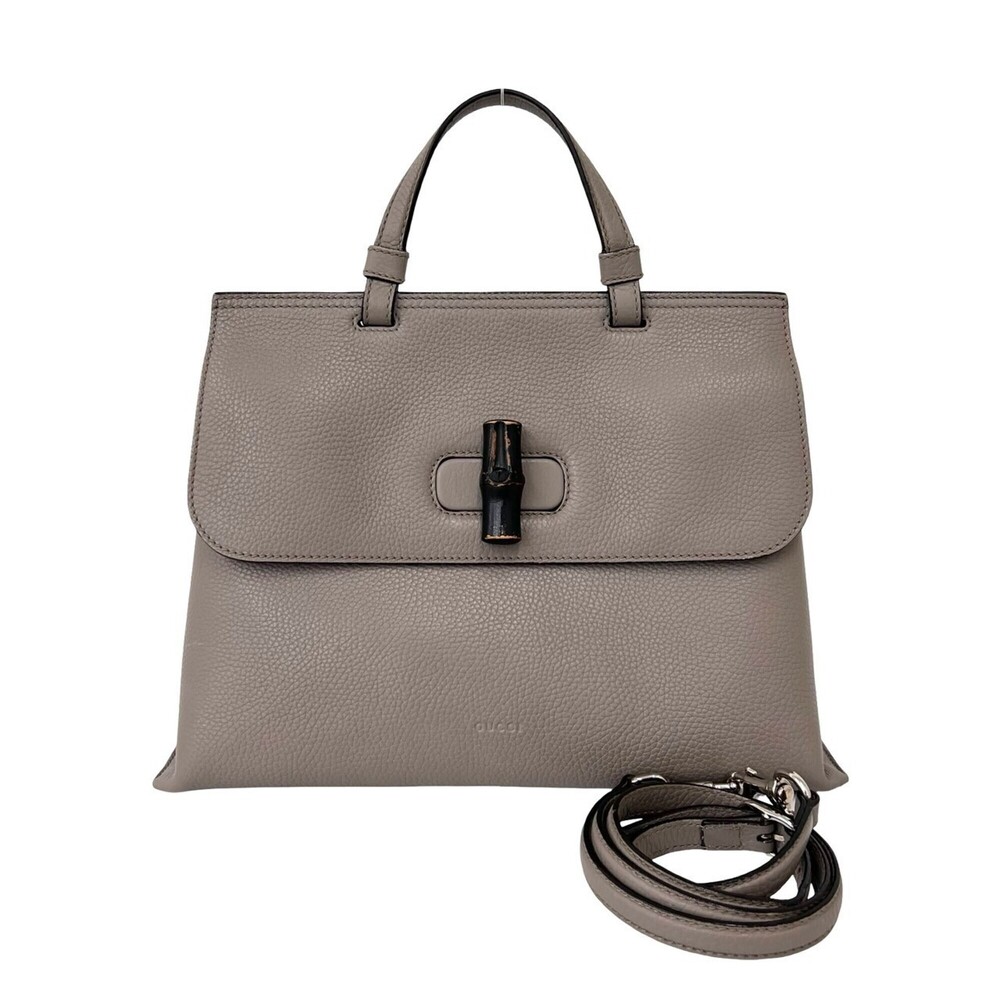 GUCCI Bamboo Daily Leather Turnlock 2-way Handbag/Shoulder Bag/Tote Bag, Gray...